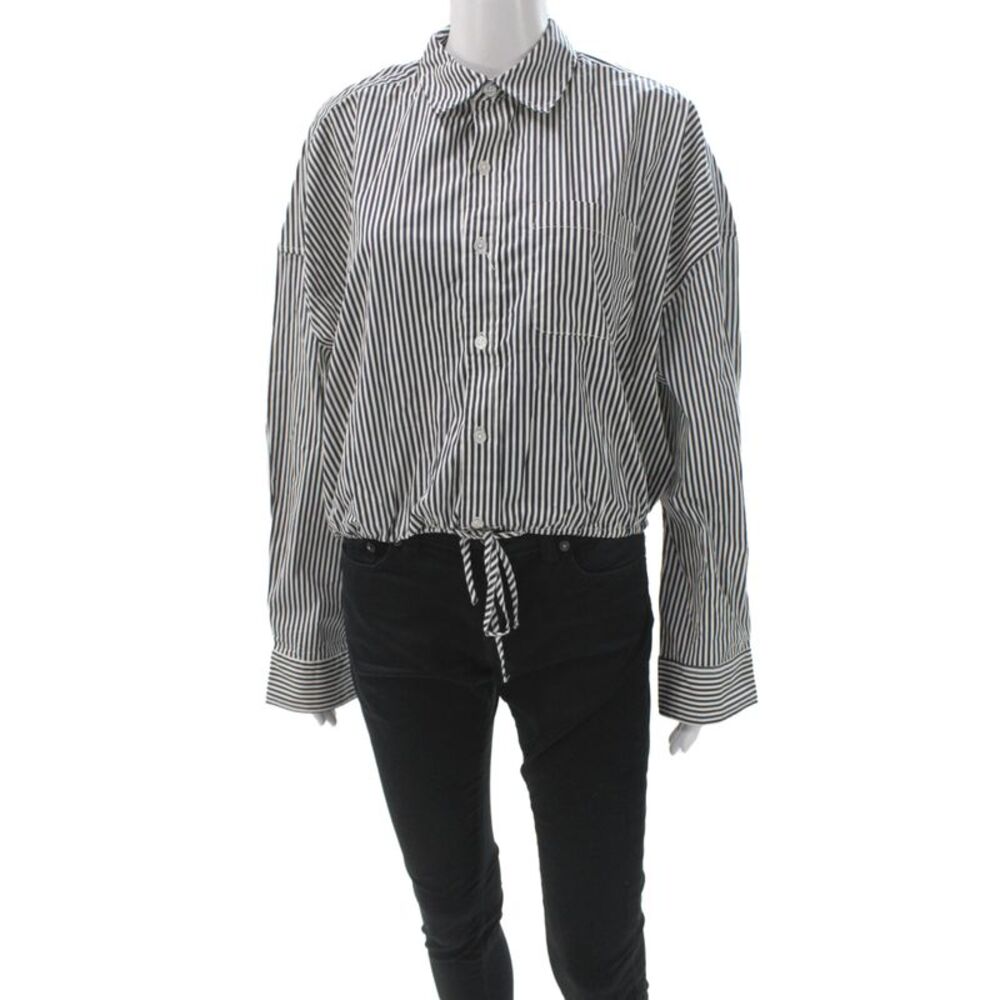 Weworewhat Women Cropped Button-Up Top Black Striped Collared Size S